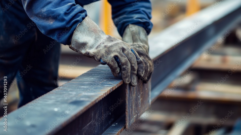 Laborer securing a steel beam at a building site. Featuring strength and teamwork Laborer securing a steel beam at a building site. Featuring strength and teamwork