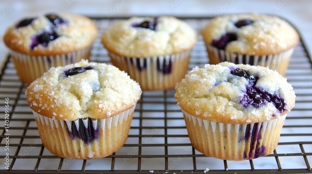 Freshly baked blueberry muffins on cooling rack with crumbs around Freshly baked blueberry muffins on cooling rack with crumbs around