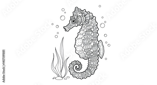 Stylized Seahorse Outline Intricate Body Patterns Surrounded by Delicate Seaweed Strands and Small Floating Bubbles Art