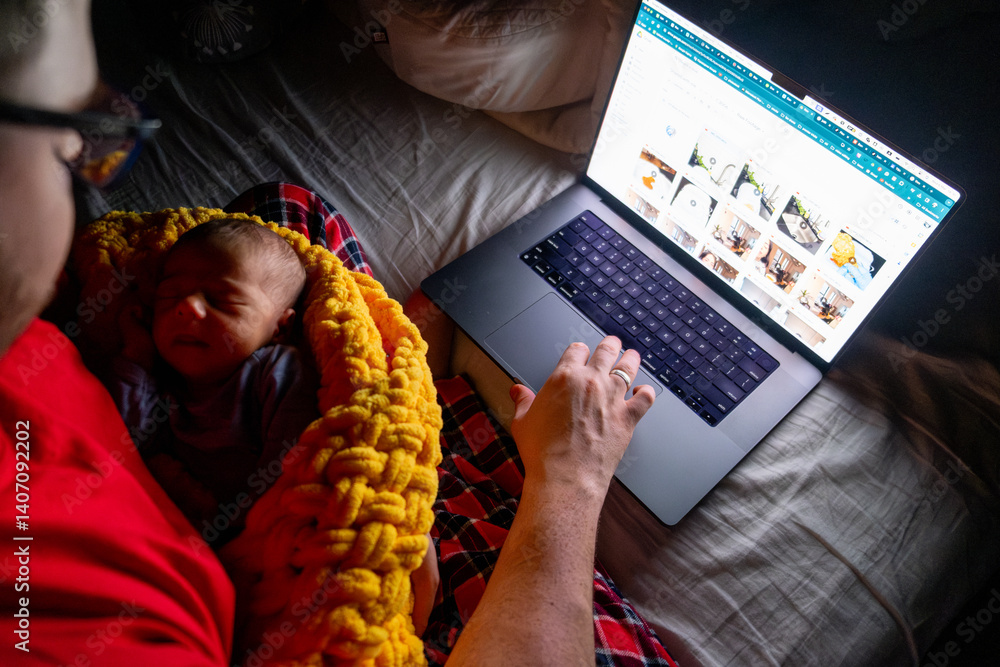 Father Holding Baby While Using Laptop in Dim Light
