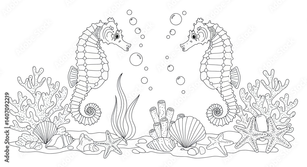 Obraz premium Line Art Illustration Pair of Seahorses Near Coral Outline with Starfish Seashell and Bubble Accents Simple Design