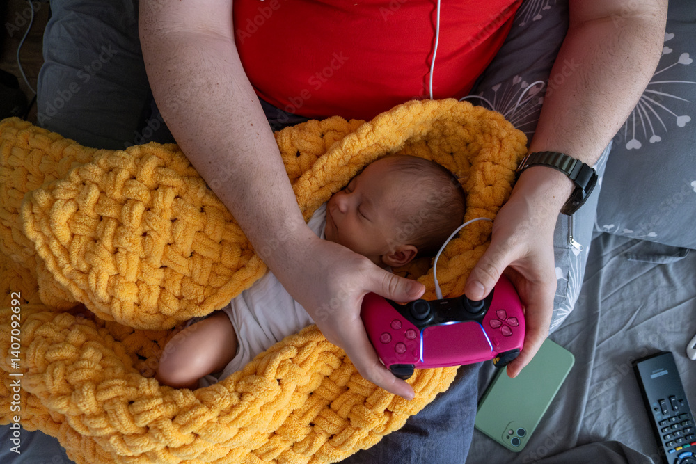 Cozy Moment father playing video games while Baby sleeping