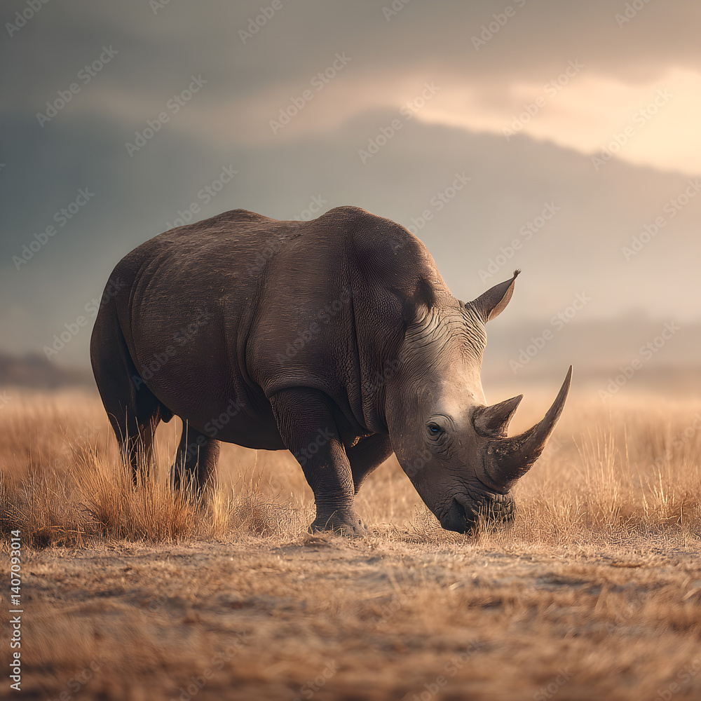 Obraz premium Majestic White Rhino in African Savanna Sunset