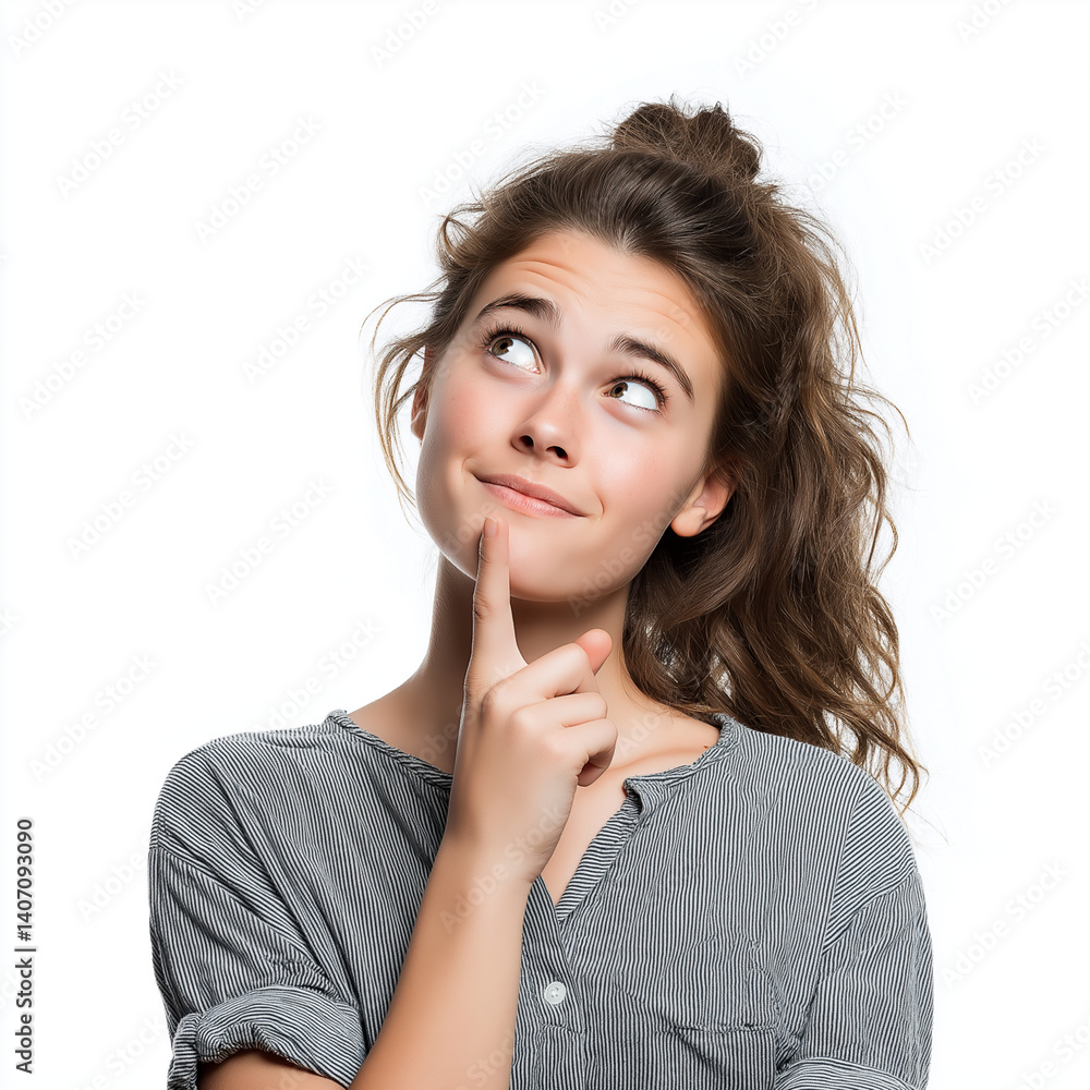 Curious Young Woman Touching Chin on White Background - Stock Photo Curious Young Woman Touching Chin on White Background - Stock Photo
