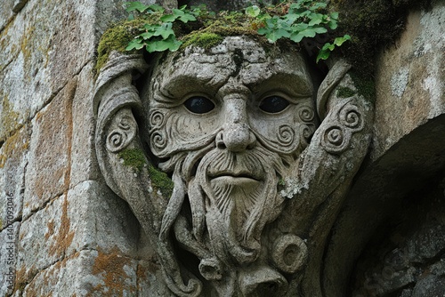 Obraz na płótnie Stone carving of a green man face with foliage on a building. w salonie