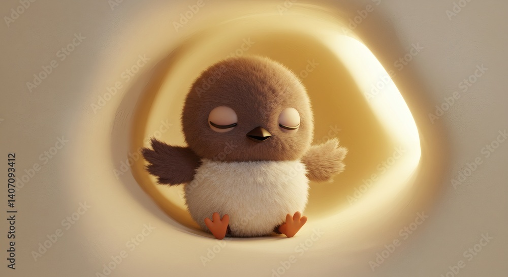 Fototapeta premium Adorable fuzzy chick, eyes closed, small wings outstretched inside a sunlit, cozy space