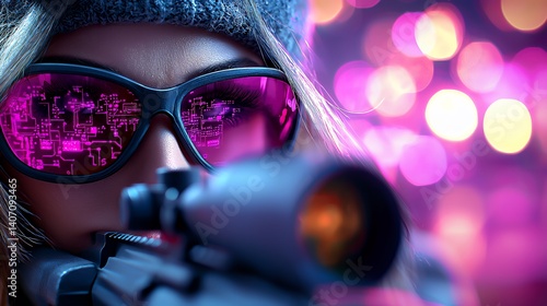 Female sniper with futuristic glasses aiming sniper rifle