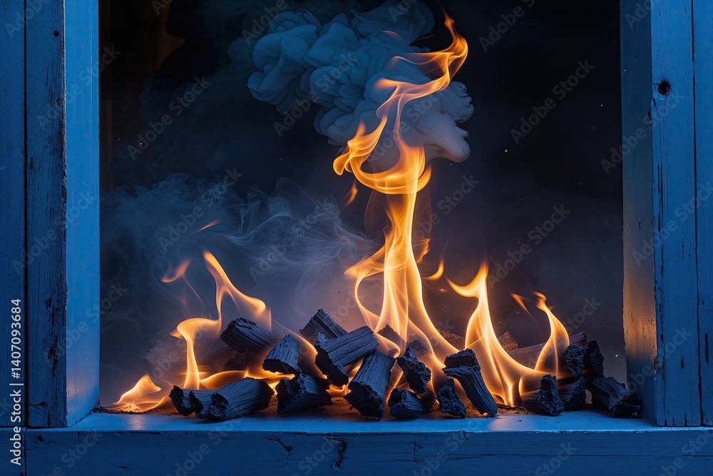 Obraz premium Radiant Flames Highlighting Dim Smoke Fragments in a Blue Background
