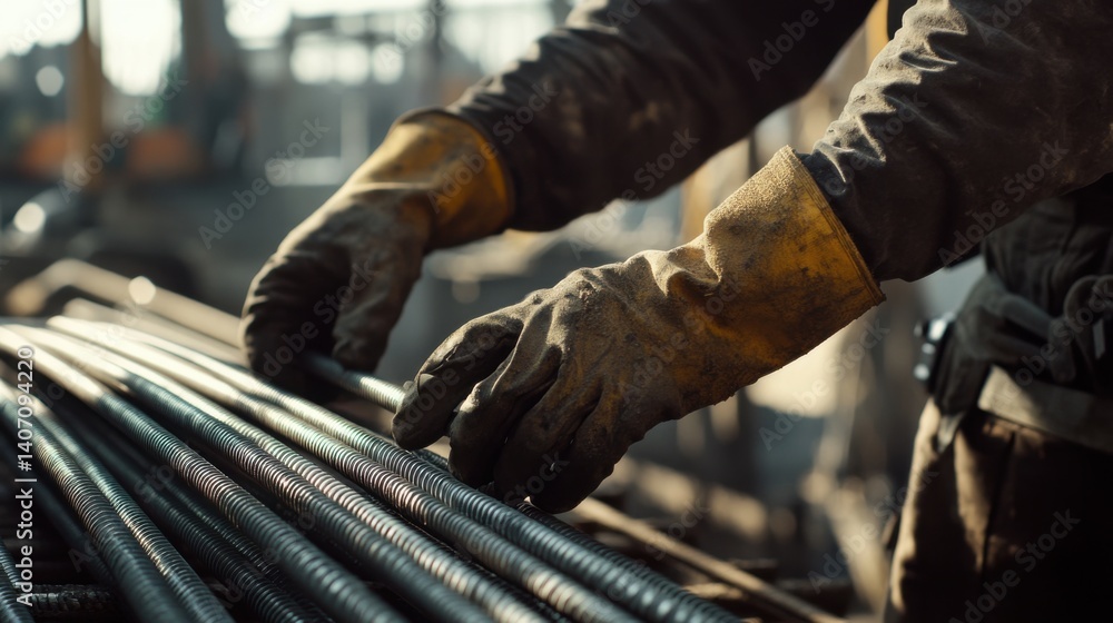 Construction laborer working with steel reinforcement bars. Featuring structural work and material handling Construction laborer working with steel reinforcement bars. Featuring structural work and material handling