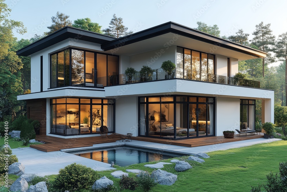Fototapeta premium Modern two-story house with pool, terrace, white walls, black roof, large windows overlooking garden, and wooden floor.