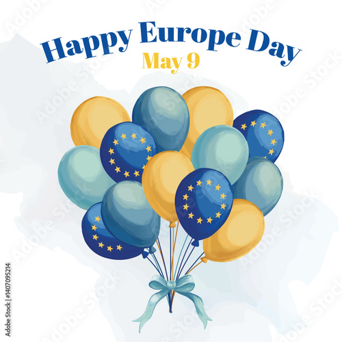 Happy Europe Day greeting card with bundle of balloons in colors flag og European Union 9 May