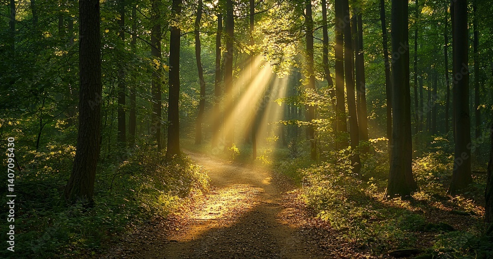 Fototapeta premium Sunlight filtering through trees illuminating forest path