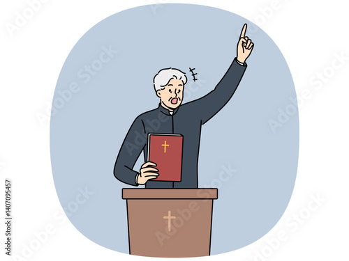 Priest with bible shouts and standing behind podium with christian crucifix, talking about retribution for sins. Priest expressively reads sermon or conducts religious mass for church visitors