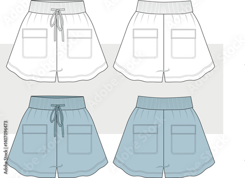 Women's girl flared short vector, elasticized waist drawstring denim shorts high waist with pockets fashion technical illustration. Front and back view, cad, mockup.