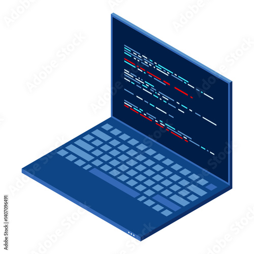 Isometric Laptop. 3d isometric laptop computer. Abstract programming language and program code on a laptop screen. Isometric technology