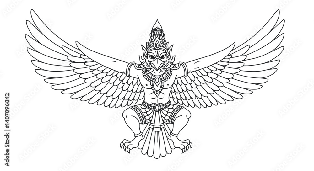 Obraz premium Detailed Garuda Mythical Bird King Coloring Sheet Hindu Buddhist Legend Line Art Activity Page for Coloring