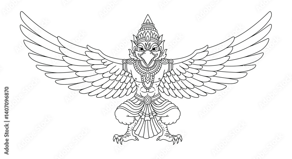 Obraz premium Majestic Garuda King of Birds Mythical Creature Hindu Mythology Coloring Page Illustration for Kids Adults