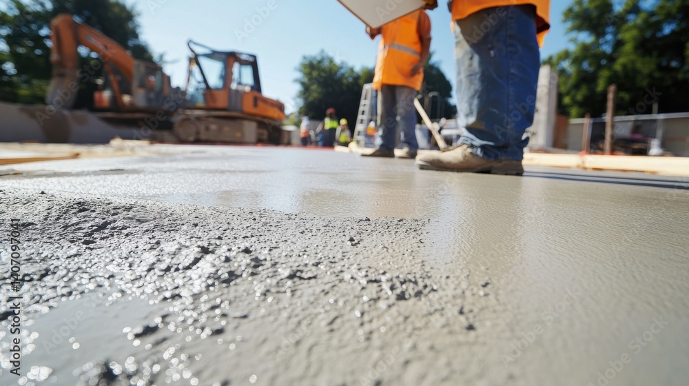 Construction supervisor inspecting concrete pour at the site. Featuring quality control and construction precision Construction supervisor inspecting concrete pour at the site. Featuring quality control and construction precision