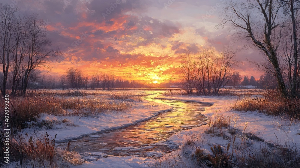 Winter sunset sky reflecting warm colors over icy terrain Winter sunset sky reflecting warm colors over icy terrain