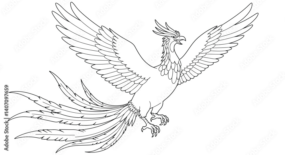 Fototapeta premium Ho Oh Mythical Bird Coloring Page Japanese Phoenix Legend Rainbow Feathers Detailed Line Art Illustration Printable