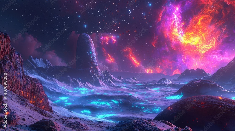 Landscape of alien planet in a fiction and universe imagination concept. A surreal cosmic landscape with vibrant colors and celestial formations. Landscape of alien planet in a fiction and universe imagination concept. A surreal cosmic landscape with vibrant colors and celestial formations.