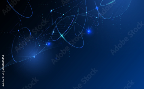 Vector illustration abstract technology with molecule, Flowing dot particle wave flow line, wireframe and dot on blue background. Datum technology network, science, artificial intelligence concept
