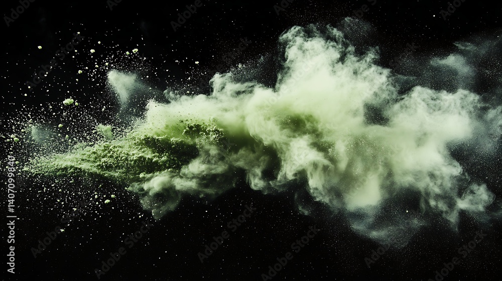 Obraz premium High-velocity tennis ball breaking through air while releasing a stunning wave of fine light green powder against black
