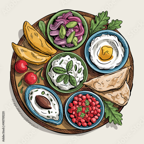 Hand-Drawn Mediterranean Mezze Medley on Wooden Platter