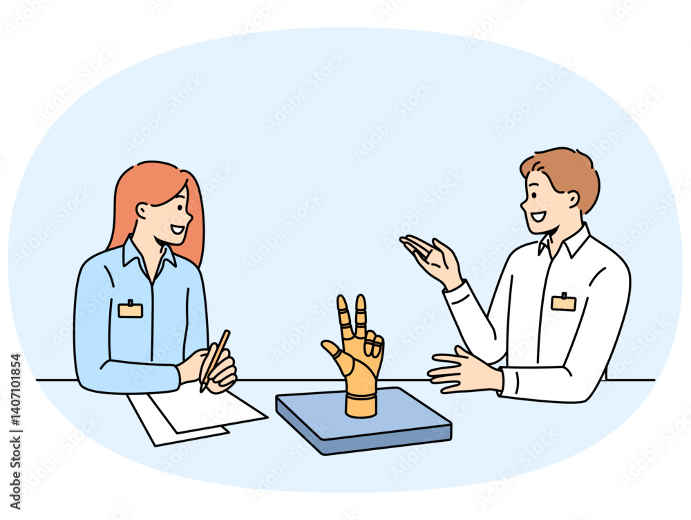Meetings of office employees discussing robotization of production, sitting at table with robot arm and papers. Business man and woman talking agreeing on method for robotizing production process Meetings of office employees discussing robotization of production, sitting at table with robot arm and papers. Business man and woman talking agreeing on method for robotizing production process