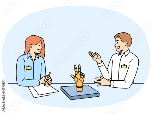 Meetings of office employees discussing robotization of production, sitting at table with robot arm and papers. Business man and woman talking agreeing on method for robotizing production process