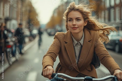 Urban Cycling Fashion: Stylish Woman Smiling While Commuting in Scenic City Environments