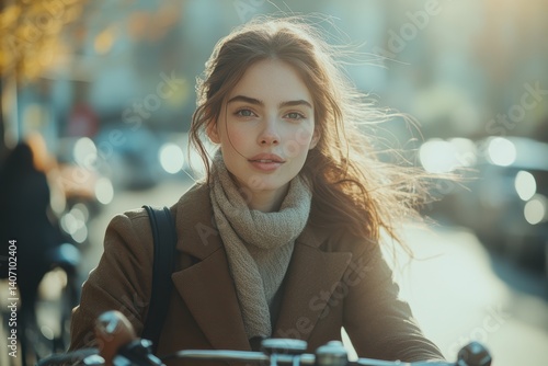Young Fashionable Woman Biking in Urban Autumn: Portrait Photography of a Smiling Hipster Exploring City Streets