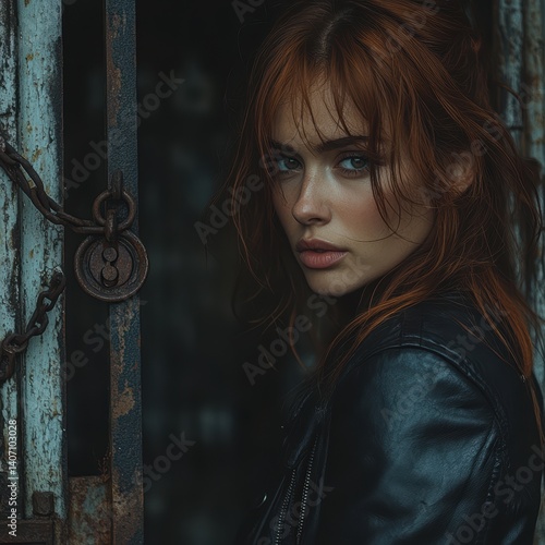 Urban Portrait of a Mysterious Young Woman in Leather Jacket with Edgy Grunge Style