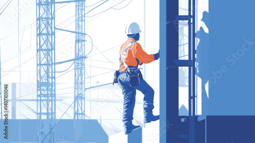 A vector illustration depicting a female construction worker wearing a hard hat and safety gear, standing on a platform at a significant height. The background includes blurred elements suggesting