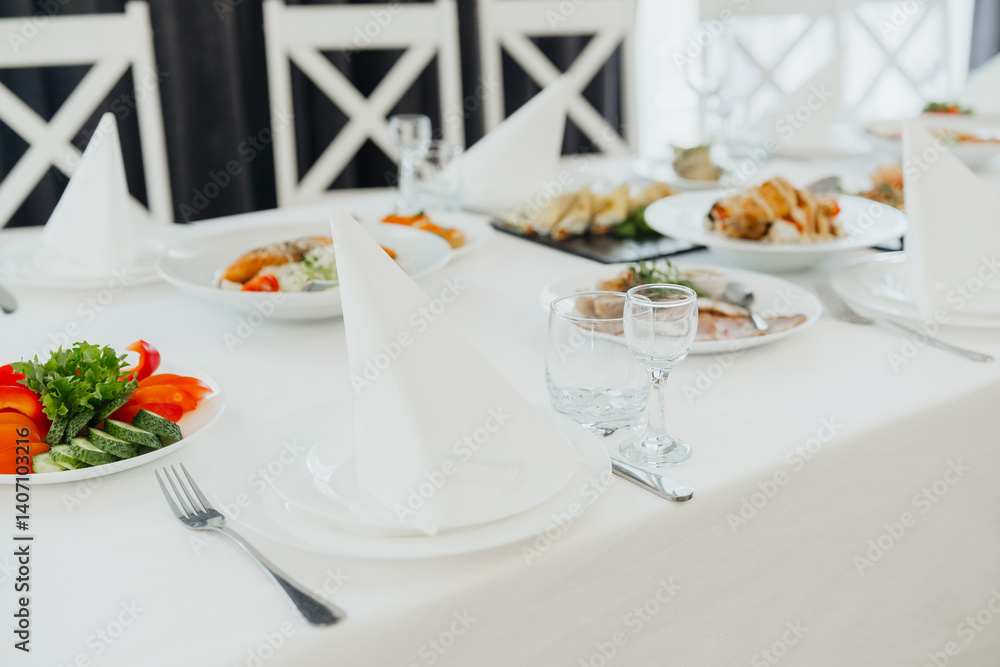 Fototapeta premium Elegant dining setup with assorted dishes and cutlery for a formal gathering