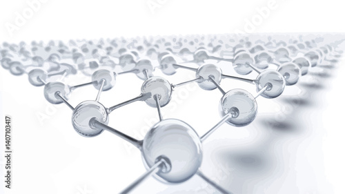 The image depicts a three-dimensional rendering of an abstract network structure.  Numerous small, translucent, spherical nodes are interconnected by thin lines