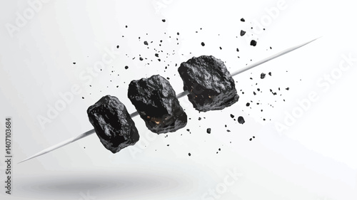 The image shows three irregularly shaped black charcoal briquettes impaled on a thin, silver skewer. The briquettes are positioned against a plain white background. Small, dark particles