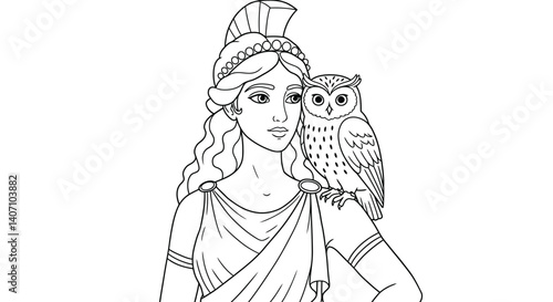 Greek Goddess Athena Wisdom Incarnate with Simple Owl Companion Line Art Coloring Page Illustration for Learners