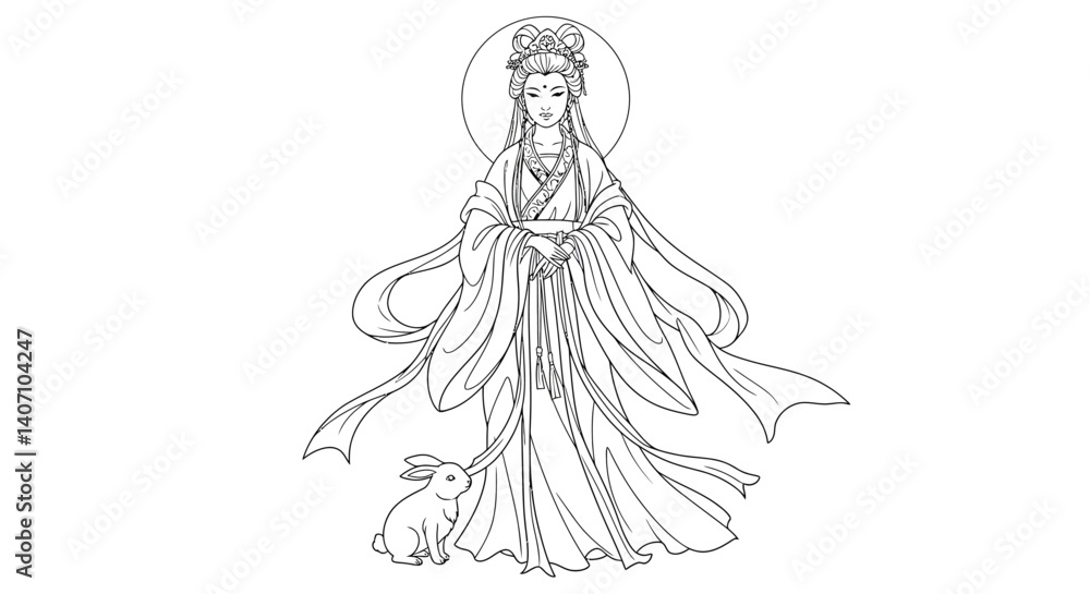 Change Chinese Lunar Deity with Symbolic Jade Rabbit Outline Art Coloring Sheet for Cultural Exploration Fun Change Chinese Lunar Deity with Symbolic Jade Rabbit Outline Art Coloring Sheet for Cultural Exploration Fun