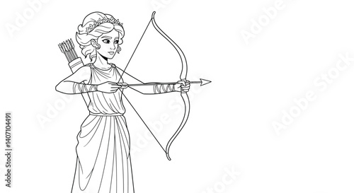Roman Goddess Diana The Huntress Holding Simple Bow and Arrow Line Art Coloring Page Illustration for Myth Study