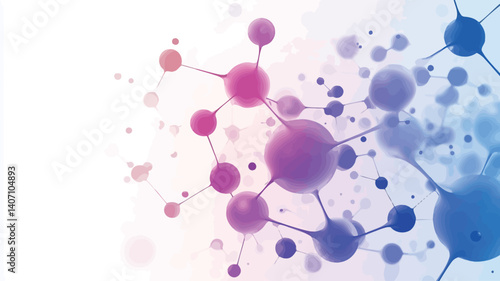 The image depicts an abstract representation of a molecular structure.  It features interconnected spheres in shades of pink, purple, and blue, varying in size, against a predominantly white