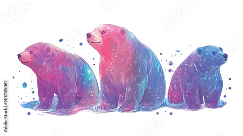 Digital illustration depicting three polar bears arranged in a row against a white background.  The bears are rendered in a painterly style with a blend of pink, purple, and blue hues, creating a