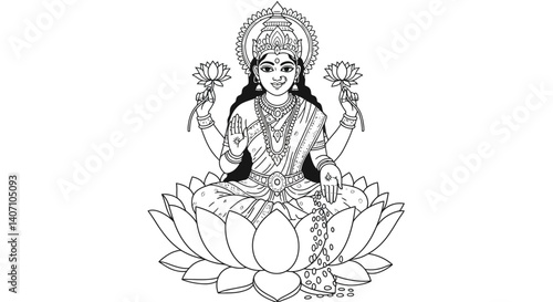 Hindu Goddess Lakshmi Wealth and Prosperity Deity Holding Lotus Flower Simple Line Art Coloring Page Illustration
