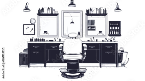 A stylized monochrome illustration depicting the interior of a barbershop.  The image showcases a central barber chair facing the viewer, positioned between two identical, long countertops. 