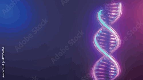 A 3D rendering of a DNA double helix.  The helix is depicted in vibrant shades of pink and blue neon, glowing against a dark blue background. The image is abstract and stylized
