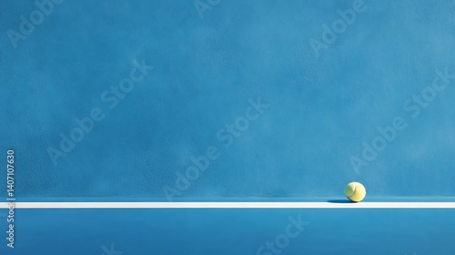 Minimalist sports photography tennis ball positioned on a blue tennis court with a white marking line