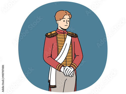 Sad aristocratic man in 18th century clothes is ready for ball or dinner party in medieval castle. Guy dressed as emperor nicholas ii to participate in aristocratic event or masquerade