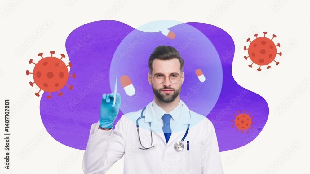 Art motion collage video of doctor man hold syringe do covid booster vaccine Art motion collage video of doctor man hold syringe do covid booster vaccine