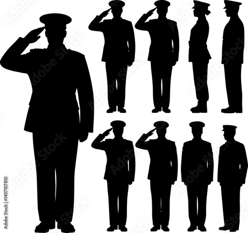 Silhouettes of Military Personnel Saluting in Various Poses