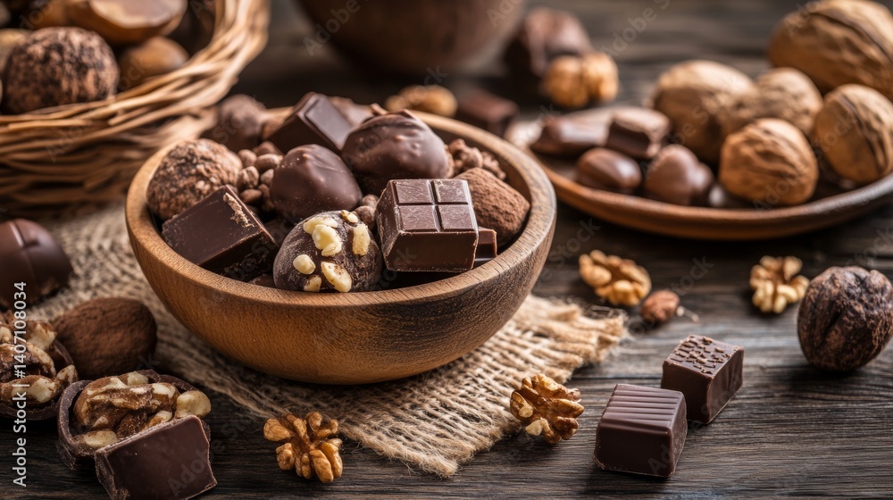 Chocolate truffles and nuts in wooden bowls Chocolate truffles and nuts in wooden bowls
